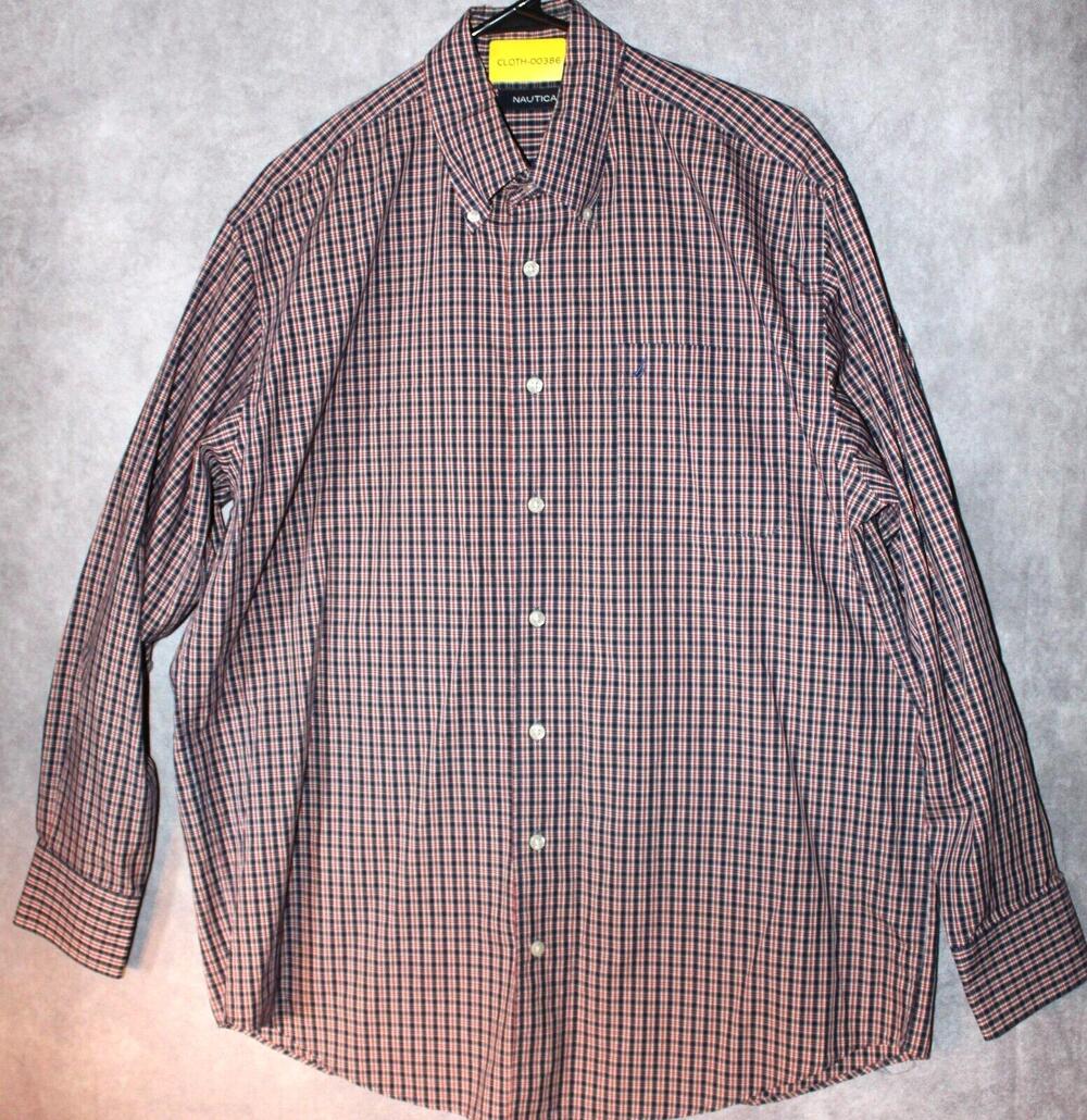 Nautica Shirt Mens XL/XXL Blue Plaid Button Up Lng Sleeve Pockets Cotton Classic